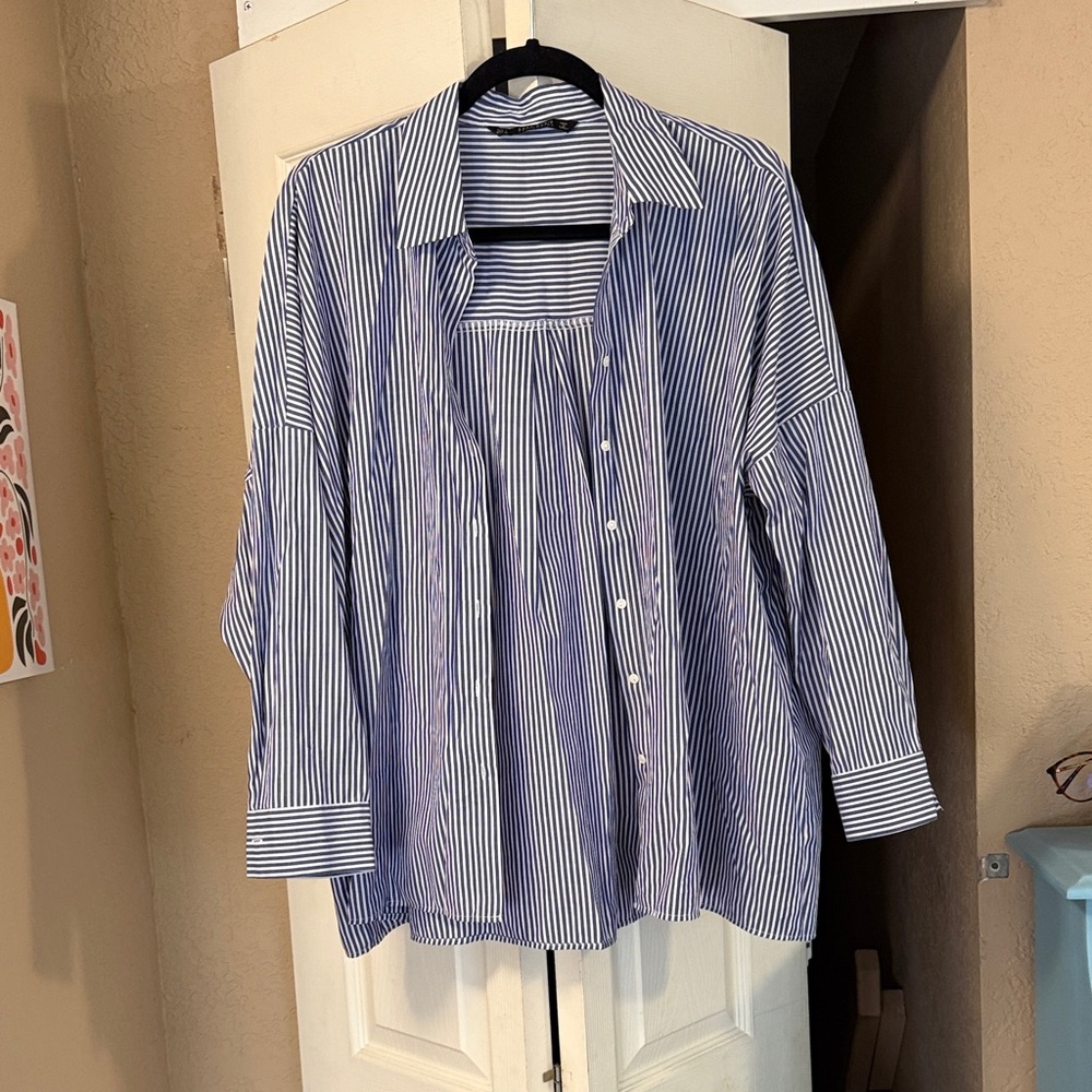 Zara Women's Oversized Blue Striped Button Down Shirt